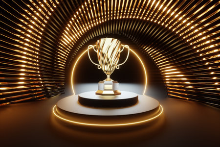 Gold award, winner's cup on the podium against a background of golden decorations. Concept winner, award, competition, show, competition, black and gold luxury style. 3D illustration, 3D renderの写真素材
