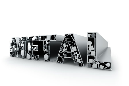 The inscription metal, Large assortment of rolled metal, metal products isolated on a white background. Business sales concept, metallurgical industry, metal profile. 3D illustration, 3D renderの写真素材