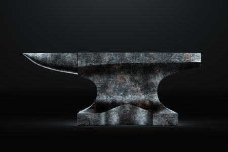 Retro profession concept, blacksmith, hard work, strength. Metal heavy anvil isolated on a dark background. 3D illustration, 3D render, photorealismの写真素材