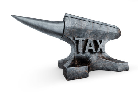 Heavy anvil and taxes text on a white background. Concept tax burden, burden of responsibility, tax return, responsibilities. 3D illustration, 3D renderの写真素材
