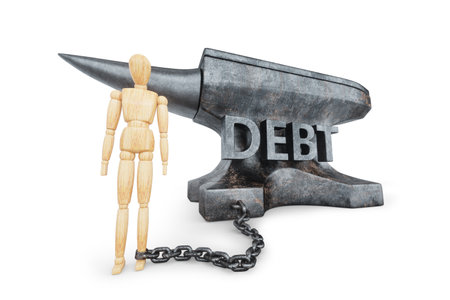 Puppet anvil with text debit. The concept of financial obligations, tax burden, burden of responsibility, responsibilities. 3D illustration, 3D renderの写真素材