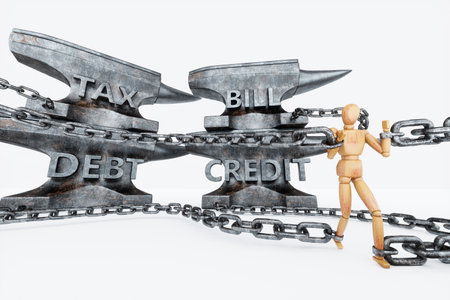 The puppet pulls a heavy anvil with the text credit. Concept of financial obligations, tax burden, burden of responsibility, tax return, responsibilities, state tax. 3D illustration, 3D renderの写真素材