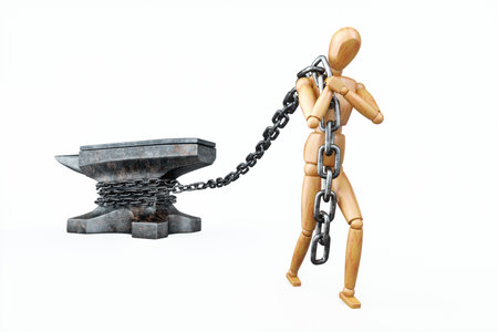 The puppet pulls a heavy anvil with the text credit. Concept of financial obligations, tax burden, burden of responsibility, tax return, responsibilities, state tax. 3D illustration, 3D renderの写真素材