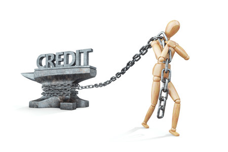 Anvil puppet with text credit isolated on white background. The concept of financial obligations, tax burden, burden of responsibility, responsibilities. 3D illustration, 3D renderの写真素材