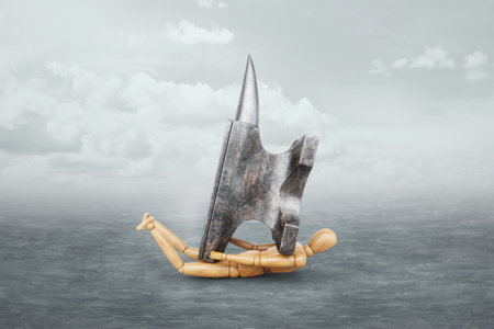 A puppet under a heavy anvil. Concept of burden of responsibility, Stress, heavy burden, crisis in business, heavy burden, loan payment, debts. 3D illustration, 3D renderの写真素材