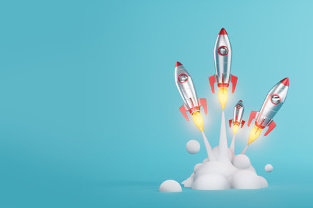 creative idea, a rocket takes off on a blue background, cover, picture for a hat. 3D illustration, 3D renderの写真素材