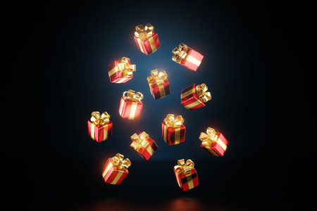 New Year's background, falling New Year's gifts with bows on a red background. Holiday concept, Christmas, gift giving 3D illustration, 3D Render, copy spaceの写真素材