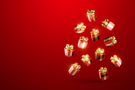 New Year's background, falling New Year's gifts with bows on a red background. Holiday concept, Christmas, gift giving 3D illustration, 3D Render, copy spaceの写真素材