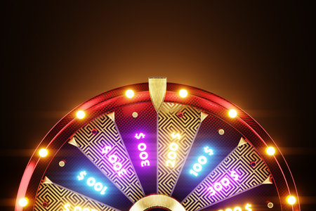 Red and gold Wheel of Fortune on a dark red background. Casino concept, luck, luck, gambling, gambling establishments. Website template, 3D illustration, 3D Render, copy spaceの写真素材