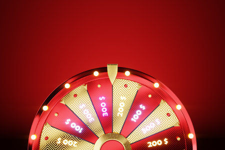 Red and gold Wheel of Fortune on a dark red background. Casino concept, luck, luck, gambling, gambling establishments. Website template, 3D illustration, 3D Render, copy spaceの写真素材