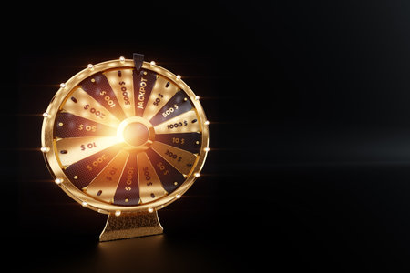 Golden wheel of fortune on a dark background, luxury style black and gold. Casino concept, luck, luck, gambling, gambling establishments. Website template, 3D illustration, 3D Render, copy spaceの写真素材