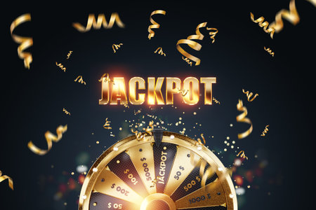 The inscription jackpot and golden Wheel of Fortune on a dark background, golden confetti. Casino concept, big win, luck, modern design, magazine style. 3D illustration, 3D Render, copy spaceの写真素材
