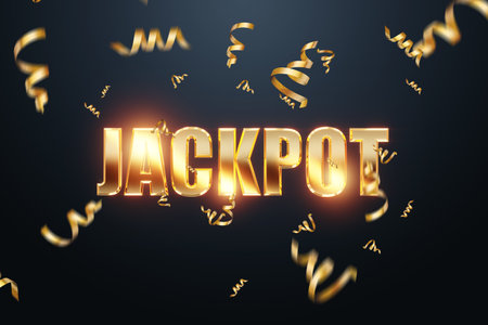 Banner with the golden inscription Jackpot on a dark background, luxury style. Casino concept, advertising template, gambling, website header. 3D illustration, 3D Render, copy spaceの写真素材