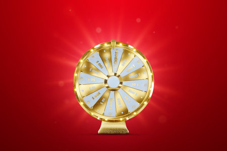 Golden wheel of fortune on a red background, luxury style. Casino concept, luck, luck, gambling, gambling establishments. Website template, 3D illustration, 3D Render, copy spaceの写真素材