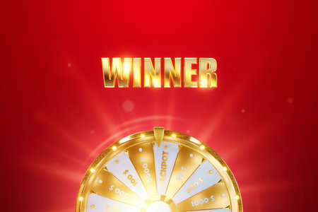 Wheel of fortune with the inscription winner on a red background. Casino concept, winner, prize game, luck, gambling. Design template, 3D illustration, 3D Render, copy spaceの写真素材
