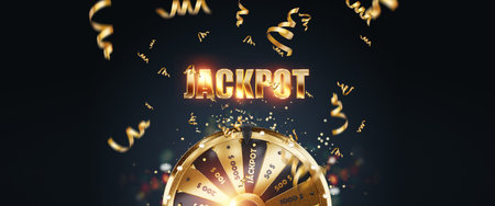 The inscription jackpot and golden Wheel of Fortune on a dark background, golden confetti. Casino, big win, website header, design template, magazine style. 3D illustration, 3D Render, copy spaceの写真素材