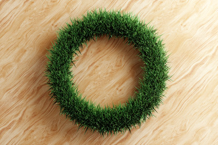 Natural concept, environment and organic products. Green abstract circle, natural design, wooden background, flyer layout, marketing materials, copy space, flat. 3D Illustration, 3D Renderの写真素材