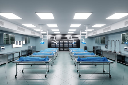 Many corpses covered with cloth lie on tables in the morgue. The concept of death, funeral, autopsy,...
