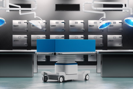 A corpse under a blue cloth on a cart in the morgue. The concept of death, autopsy, funeral, ritual services, fate. 3D illustration, 3D render, copy spaceの写真素材
