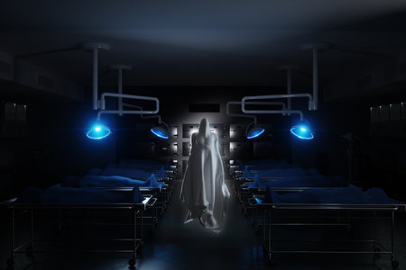 A ghost in the morgue among the corpses. The concept of death, mysticism, horror, funeral. 3D illustration, 3D render, copy spaceの写真素材