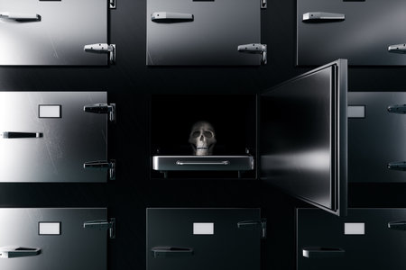 A human skull lies in a morgue refrigerator. The concept of death, mysticism, funeral, ritual services, fate. 3D illustration, 3D render, copy spaceの写真素材