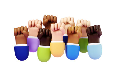 Many human cartoon hands raised up with fists. The concept of protest, struggle, rights union, fight for rights. Copy space, 3D illustration, 3D renderの写真素材