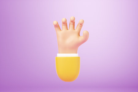 Cartoon human hand showing palm stop gesture isolated on white background. Concept symbol, icon. Copy space, 3D illustration, 3D renderの写真素材
