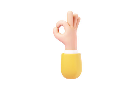 Cartoon human hand showing ok gesture, isolated on white background. Concept symbol, icon. Copy space, 3D illustration, 3D renderの写真素材