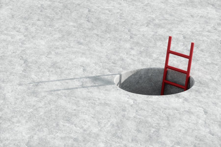 Concept of success, victory, desire, perseverance, escape. the staircase looks out from a circular hole in the floor. Copy space, 3D illustration, 3D renderの写真素材