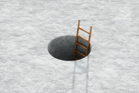 Concept of success, victory, desire, perseverance, escape. the staircase looks out from a circular hole in the floor. Copy space, 3D illustration, 3D renderの写真素材