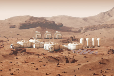 Colonization of Mars, Martian surface and human base, building a colony on Mars. Conquering new horizons in space, thermoforming of Mars. 3D image, 3D illustration.の写真素材