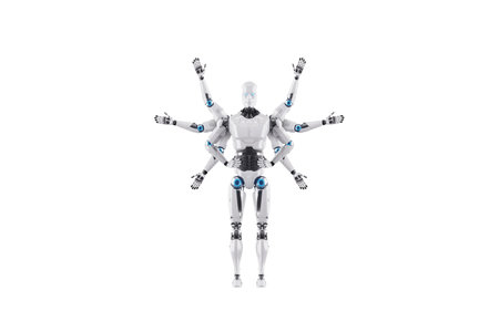 Modern Robot with multiple hands, multifunctional robot able to do several things at the same time. Concept of process automation, artificial intelligence, job loss. 3D illustration, 3D rendersの写真素材