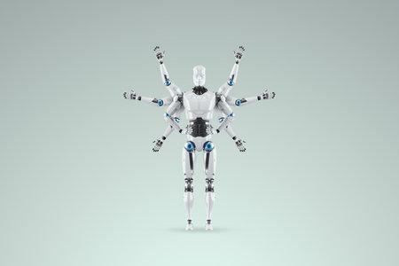 Modern Robot with multiple hands, multifunctional robot able to do several things at the same time. Concept of process automation, artificial intelligence, job loss. 3D illustration, 3D rendersの写真素材