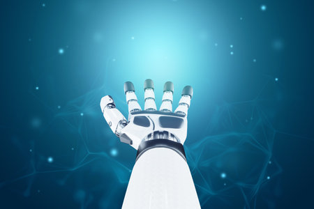Technological robot shows its hand with palm up. Neural networks and Artificial Intelligence, scientific background, AI analyzing information. 3D illustration, 3D rendering, copy spaceの写真素材