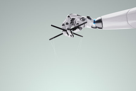 In the robot hand, a means to control humanity as puppets. Neural networks and artificial intelligence, technology, machine learning. 3D illustration, 3D rendering, copy space.の写真素材