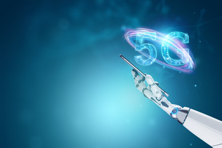 Hand of modern Robot holding smartphone on blue background close-up. Concept artificial intelligence, scientific background, modern technology. 3D illustration, 3D rendersの写真素材