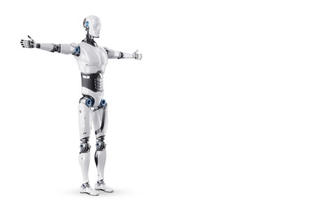 Technological modern robot full body robot isolated on white background, photorealism. Neural networks and Artificial intelligence, technology. 3D illustration, 3D rendering, copy spaceの写真素材