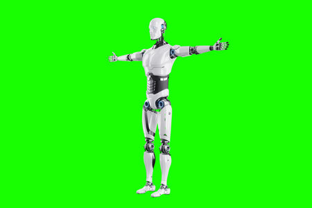 Technological modern robot body full body, photorealism. Neural networks and Artificial Intelligence, technology, AI analyzing information. 3D illustration, 3D rendering, copy spaceの写真素材