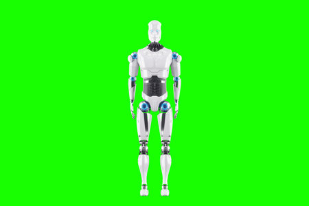 Technological modern robot body full body, photorealism. Neural networks and Artificial Intelligence, technology, AI analyzing information. 3D illustration, 3D rendering, copy spaceの写真素材