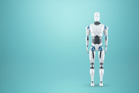 Technological modern robot body full body, photorealism. Neural networks and Artificial Intelligence, technology, AI analyzing information. 3D illustration, 3D rendering, copy spaceの写真素材