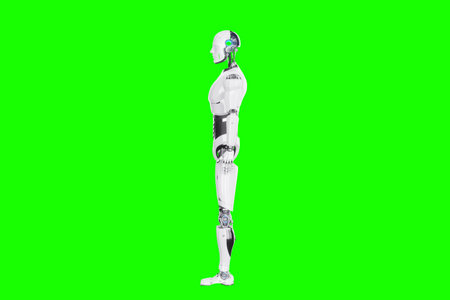 Technological modern robot body full body, photorealism. Neural networks and Artificial Intelligence, technology, AI analyzing information. 3D illustration, 3D rendering, copy spaceの写真素材