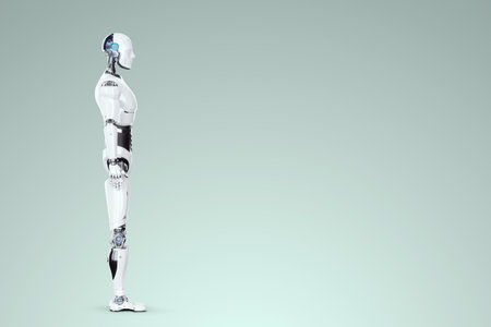 Technological modern robot body full body, photorealism. Neural networks and Artificial Intelligence, technology, AI analyzing information. 3D illustration, 3D rendering, copy spaceの写真素材