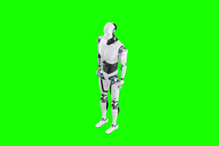 Technological modern robot body full body, photorealism. Neural networks and Artificial Intelligence, technology, AI analyzing information. 3D illustration, 3D rendering, copy spaceの写真素材