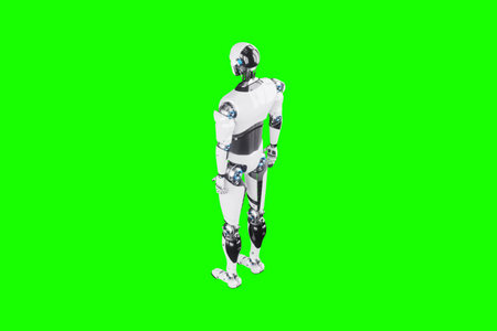 Technological modern robot body full body, photorealism. Neural networks and Artificial Intelligence, technology, AI analyzing information. 3D illustration, 3D rendering, copy spaceの写真素材