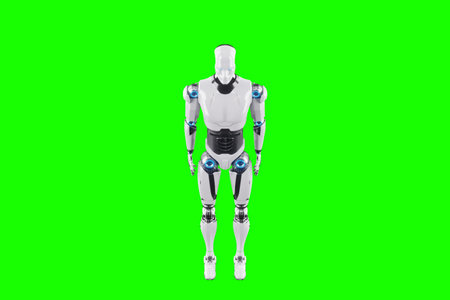 Technological modern robot body full body, photorealism. Neural networks and Artificial Intelligence, technology, AI analyzing information. 3D illustration, 3D rendering, copy spaceの写真素材