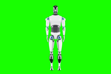 Technological modern robot body full body, photorealism. Neural networks and Artificial Intelligence, technology, AI analyzing information. 3D illustration, 3D rendering, copy spaceの写真素材
