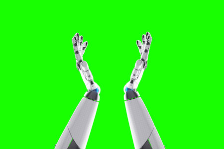 Friendly robotics, Robot arms reach for the sky. . 3D illustration, 3D rendering, copy spaceの写真素材