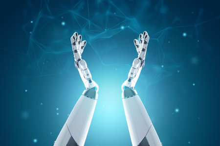 Friendly robotics, Robot arms reach for the sky. . 3D illustration, 3D rendering, copy spaceの写真素材