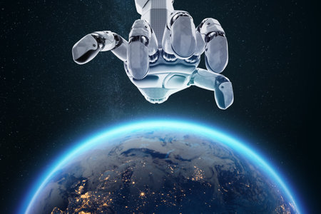 The robot arm controls humanity like puppets. Neural networks, AI superiority, singularity, information processing. copy spaceの写真素材
