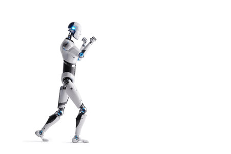 Technological modern robot, full body, in boxing pose on white background. Neural networks and artificial intelligence, technology, machine learning. 3D illustration, 3D rendering, copy space.の写真素材